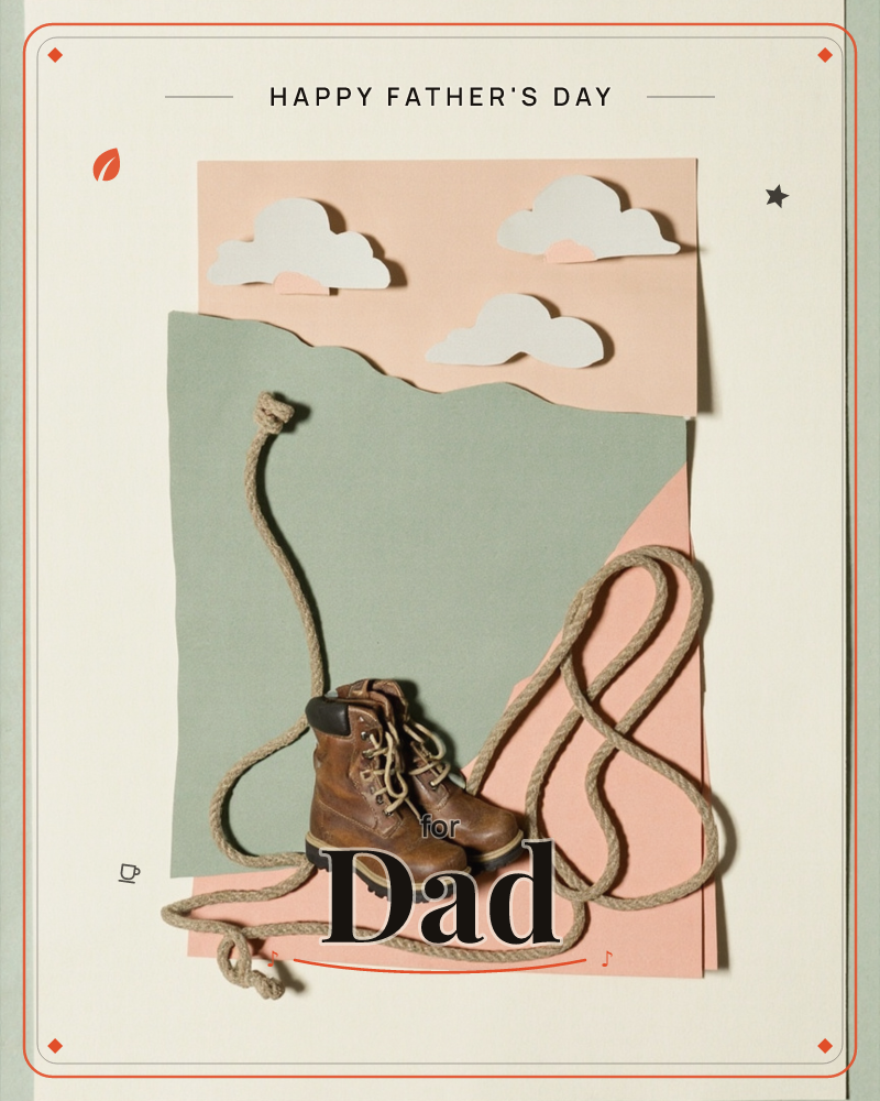 A paper-craft landscape sets peach sky and cut-out clouds above a sage-green hill, with a pair of worn brown leather boots standing on the paper ground, a fathersday e-card design