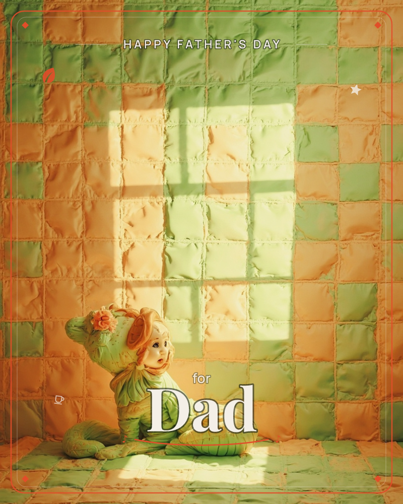 A quilted patchwork backdrop of orange and green squares fills the frame, with a soft window-shaped patch of sunlight falling across it, a fathersday e-card design