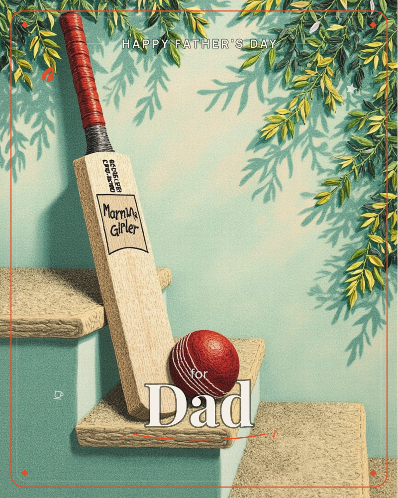 A cricket bat with a red-wrapped handle leans against a set of pale stone steps, a worn red ball resting beside it, a fathersday e-card design