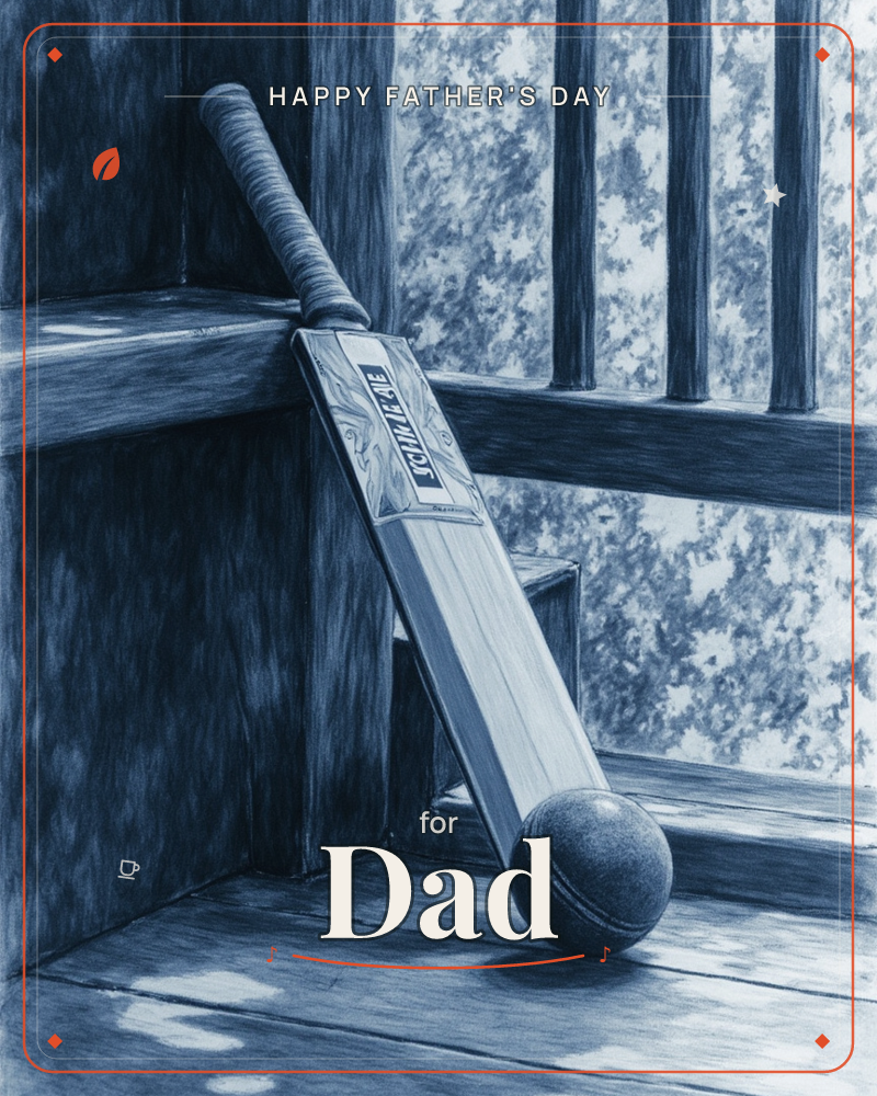 A cricket bat leans in the corner of a wooden bench, its ball resting against the blade, all rendered in shades of blue-grey, a fathersday e-card design