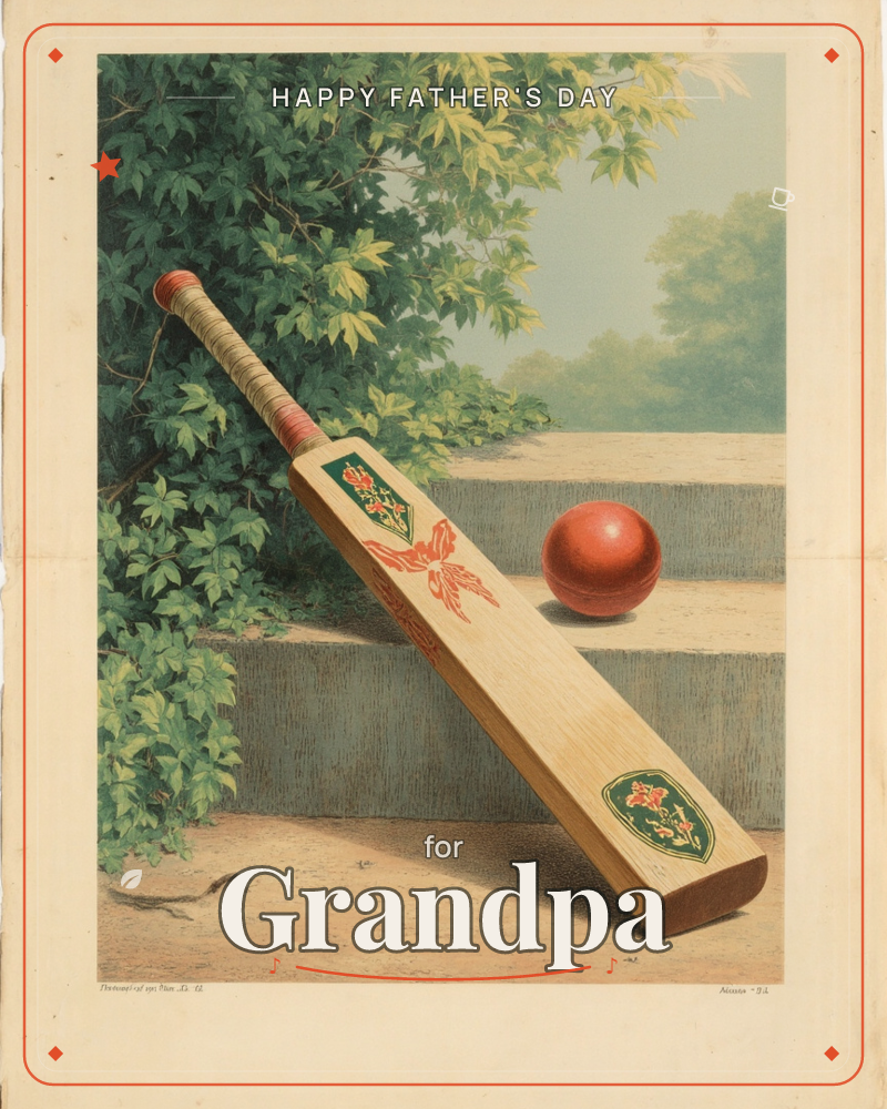 A wooden cricket bat leans against a stone step beside a bright red ball, framed by leafy green branches and a soft blue sky beyond, a fathersday e-card design