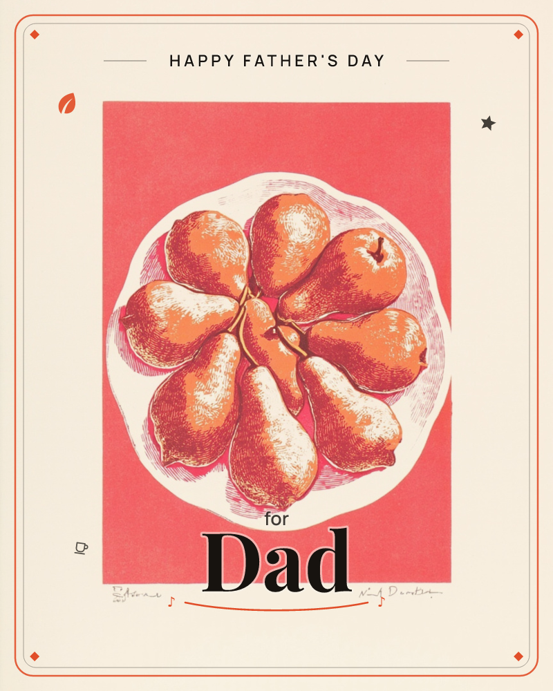 A ring of pears is arranged stem-to-centre on a white plate, set against a bold coral-red background, a fathersday e-card design