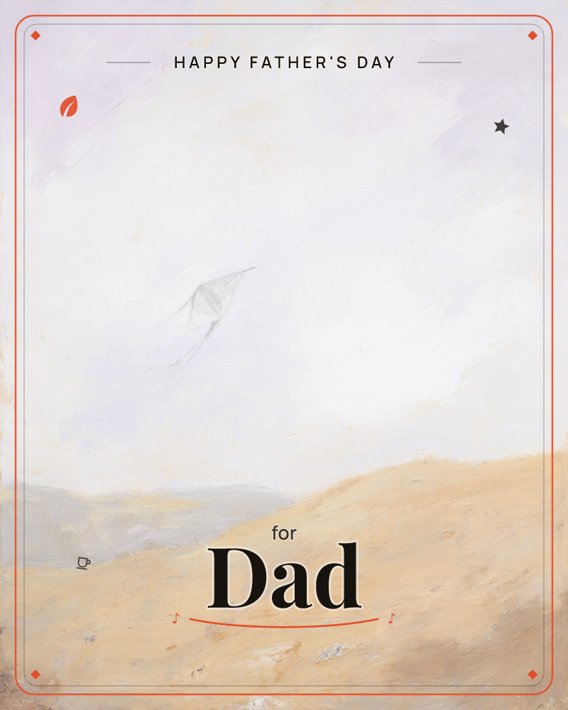 A pale, hazy sky stretches over softly rolling dunes in muted sand and gold tones, with a single faint kite drawn in thin pencil lines drifting alone…, a fathersday e-card design