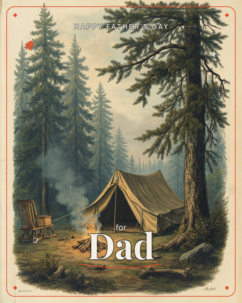 A vintage-style illustration of a canvas tent pitched in a pine forest clearing, its flap open toward a small crackling campfire with smoke curling upward, a fathersday e-card design