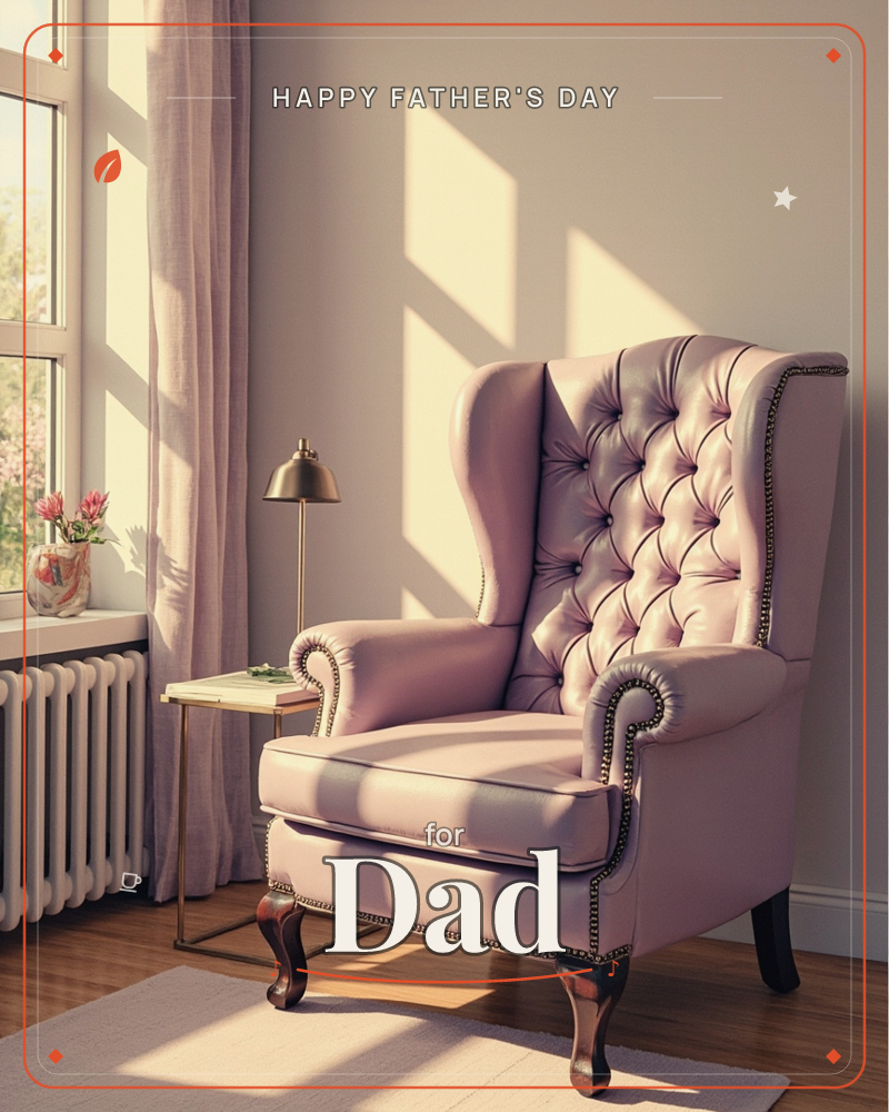 A tufted pink wingback armchair sits by a sunlit window, its leather catching sharp bands of afternoon light through the panes, a fathersday e-card design