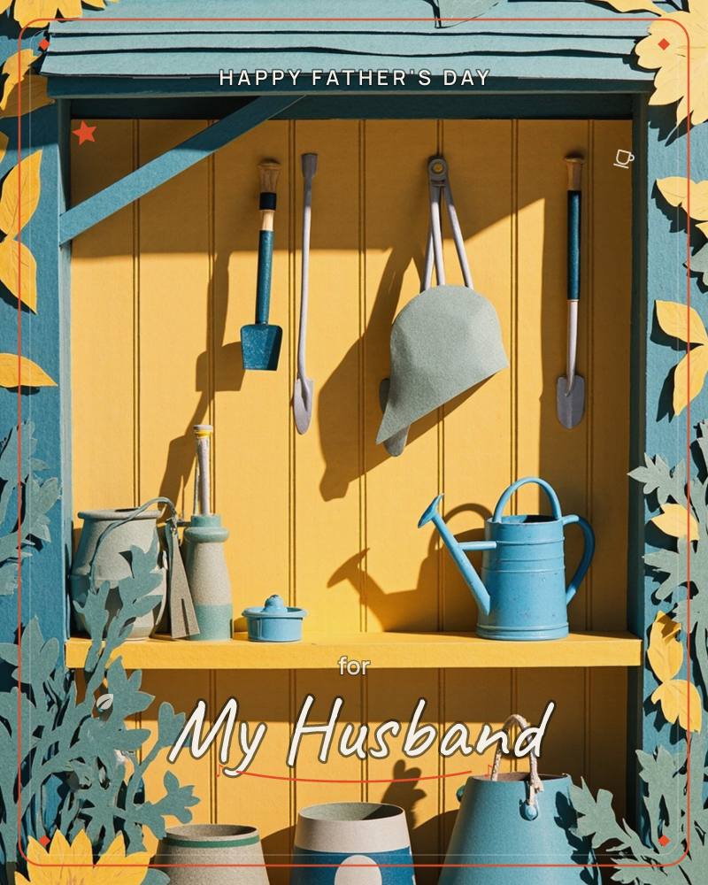 A paper-craft garden shed is rendered in cut-paper layers, its yellow plank walls hung with tiny trowels, shears, and a sunhat in soft teal and cream, a fathersday e-card design