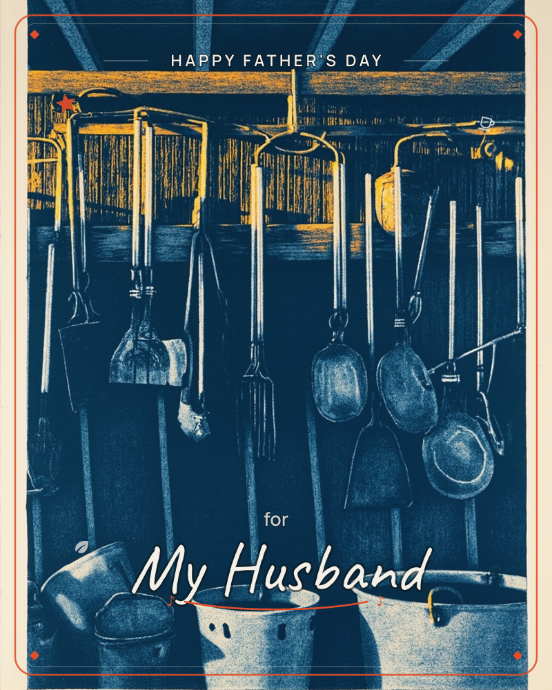 A rustic tool shed interior rendered in bold navy and mustard tones, with spades, forks, pans and shovels hanging in neat rows from wooden beams overhead, a fathersday e-card design