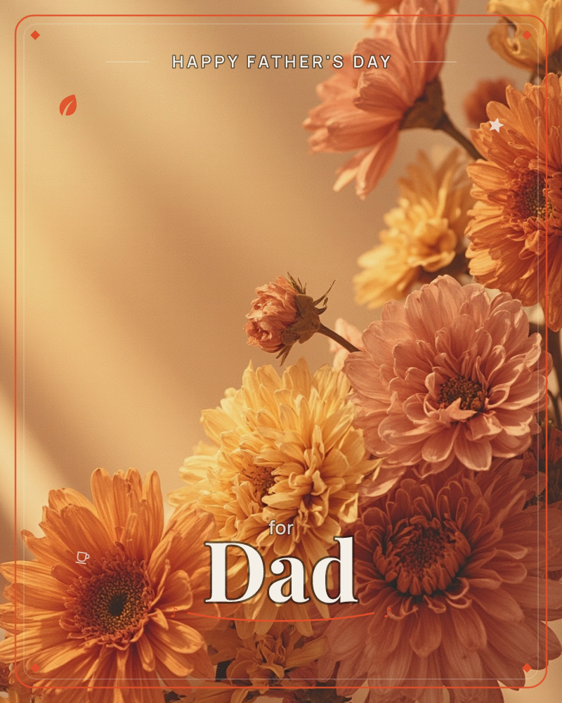 A photographic study of chrysanthemums and gerbera daisies clustered along the lower right edge, their petals glowing amber and rose under warm, low…, a fathersday e-card design