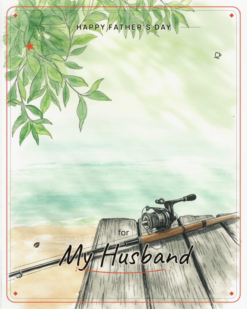 A fishing rod and reel rest across a weathered wooden dock, angled toward a soft green-blue lake beyond, a fathersday e-card design