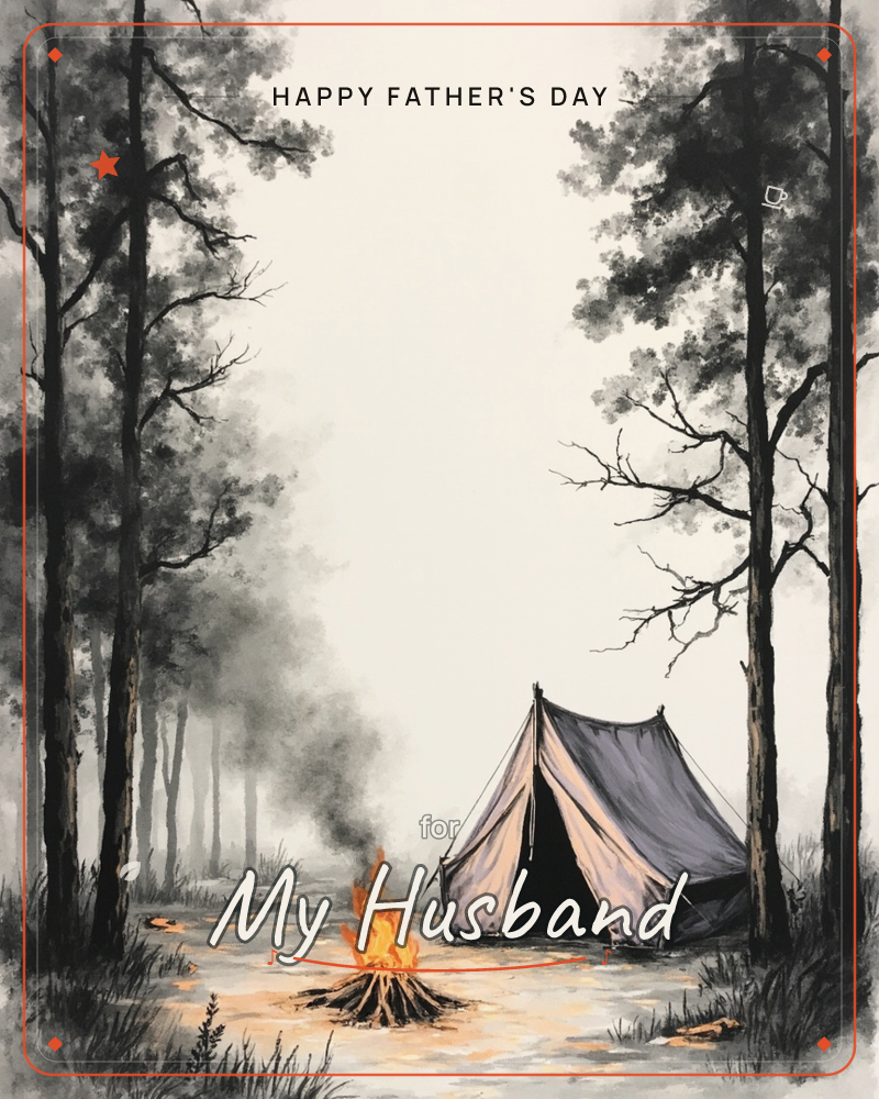 A small canvas tent sits pitched among tall, misty pines, with a campfire crackling just outside its open flap, a fathersday e-card design