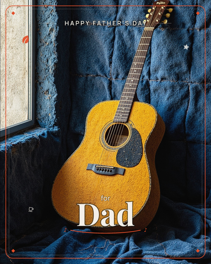An acoustic guitar rests against a heavily textured, quilted blue wall beside a frosted window, its honey-toned wood glowing warm against the cool…, a fathersday e-card design