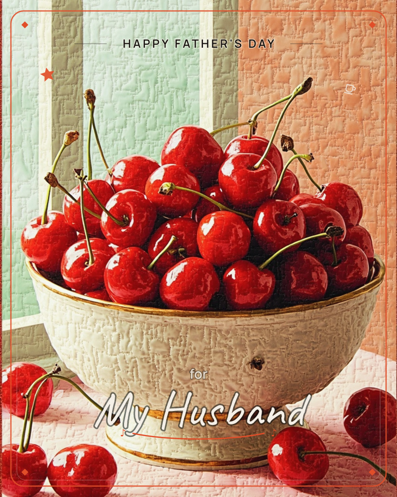 A white pedestal bowl piled high with glossy red cherries sits on a pale pink tabletop, a few stray cherries scattered beside it, a fathersday e-card design