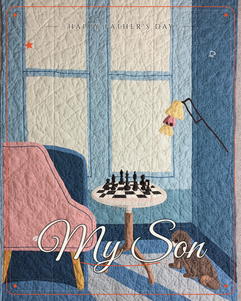 A quilted textile illustration shows a cosy blue room with a tall window, a pink armchair, and a round pedestal table set with a chess game mid-play, a fathersday e-card design