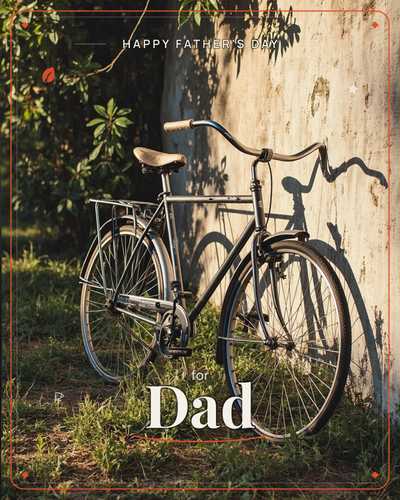 A vintage step-through bicycle with a tan leather saddle and handle grips leans against a weathered stucco wall, its long shadow stretched dramatically…, a fathersday e-card design