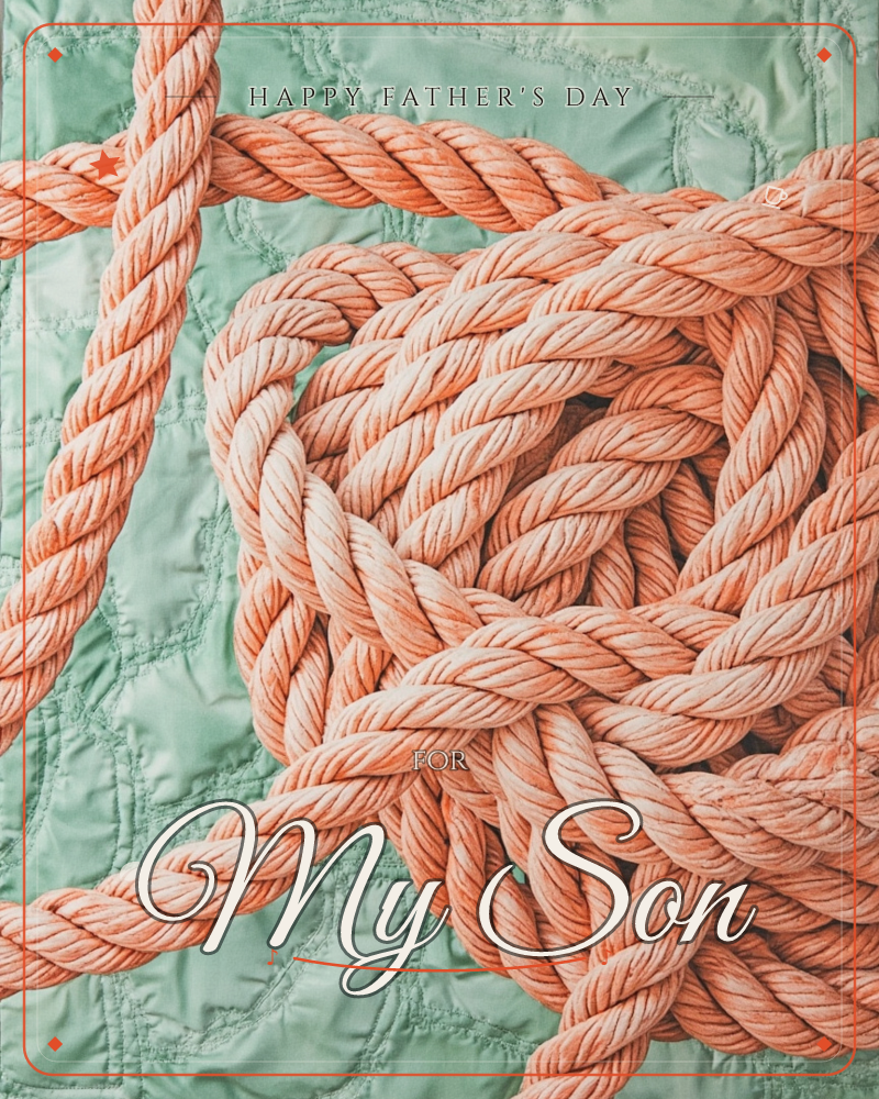 A thick coil of coral-orange rope is wound and knotted upon itself, photographed close up against a quilted seafoam-green fabric backdrop stitched with…, a fathersday e-card design