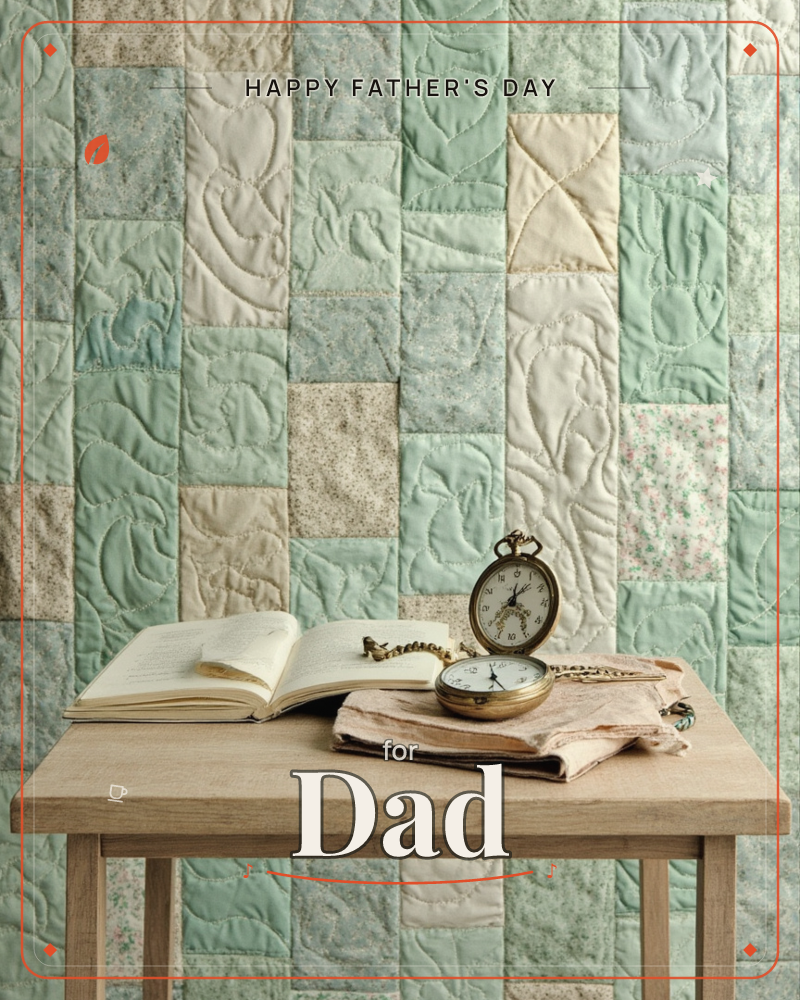 A quilted patchwork of soft mint, cream and floral squares fills the background, hung like a wall of fabric behind a plain wooden table, a fathersday e-card design