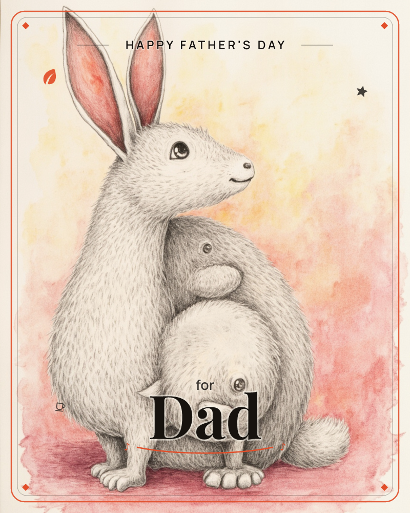 A soft grey rabbit sits upright with two smaller round creatures nestled against its body, their tiny paws and shy faces peeking out from the fur, a fathersday e-card design