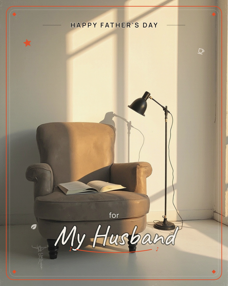A worn caramel-brown armchair sits in a bare, sunlit corner, an open book resting on its seat as if someone just stepped away, a fathersday e-card design