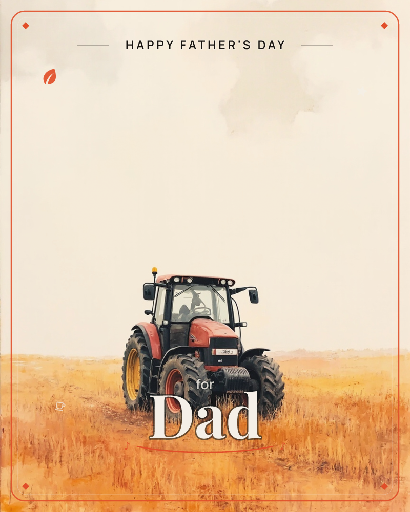 A red tractor with yellow-rimmed wheels sits parked in a stretch of golden, dry grassland under a wide, hazy pale sky, a fathersday e-card design