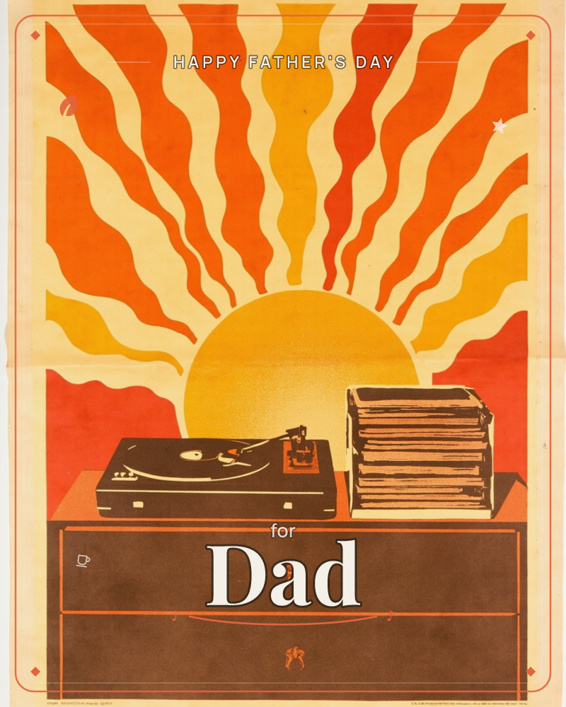 A retro turntable and a tall stack of vinyl records sit atop a wooden cabinet, framed by a bold sunburst of wavy orange, red and gold rays radiating…, a fathersday e-card design