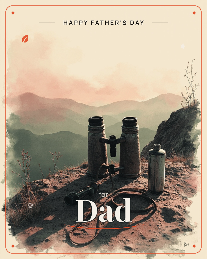 A pair of worn binoculars and an old metal flask rest on a rocky ledge overlooking layered mountain ridges fading into pink-tinged haze, a fathersday e-card design