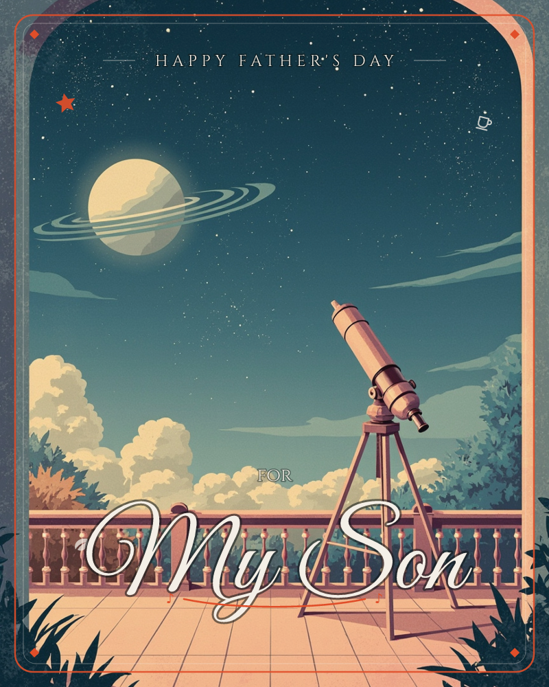 A brass telescope stands on a stone balcony, aimed at a glowing ringed planet hanging low in a star-scattered night sky, a fathersday e-card design