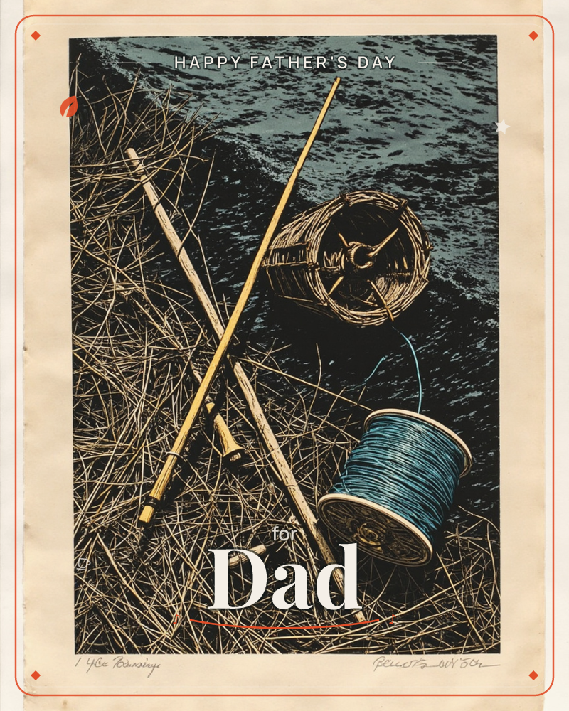 A linocut print looks down on two crossed fishing rods, a woven creel basket, and a spool of teal line resting on dry grass beside dark, textured water, a fathersday e-card design