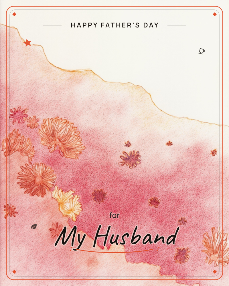 A jagged coastline of dusty pink and coral wash sweeps diagonally across the page, edged in a fine gold outline like a shoreline at sunset, a fathersday e-card design