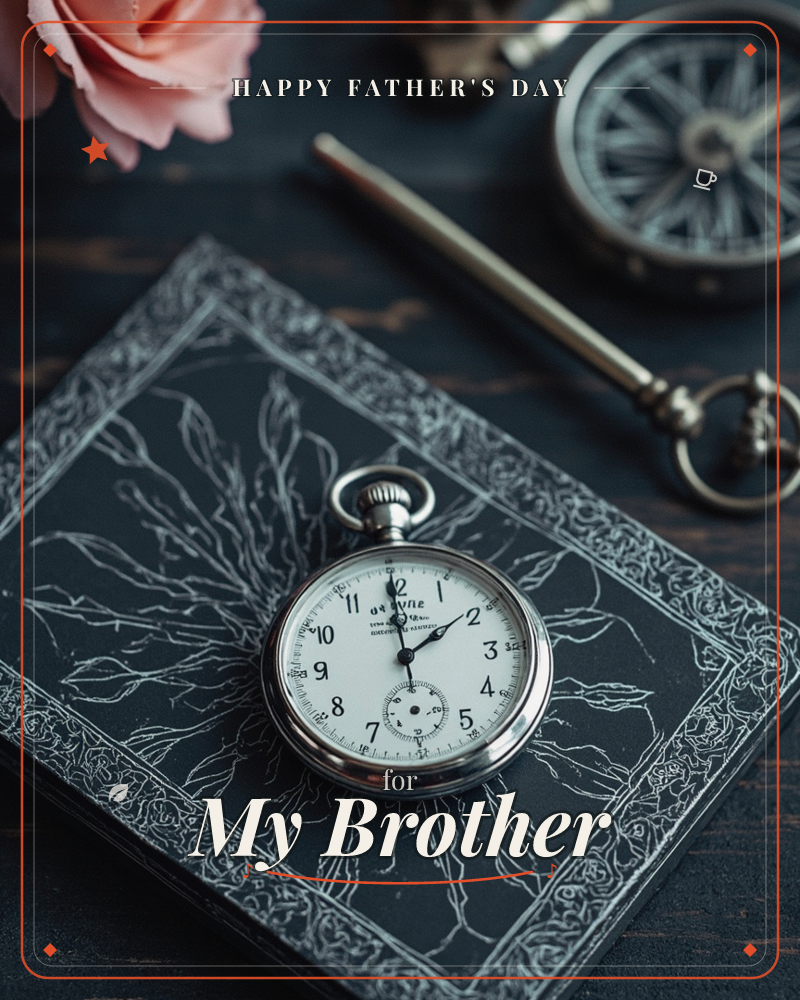 A vintage pocket watch with a white face rests atop a dark, botanically etched book cover, alongside an antique key and the blurred rim of an old compass, a fathersday e-card design