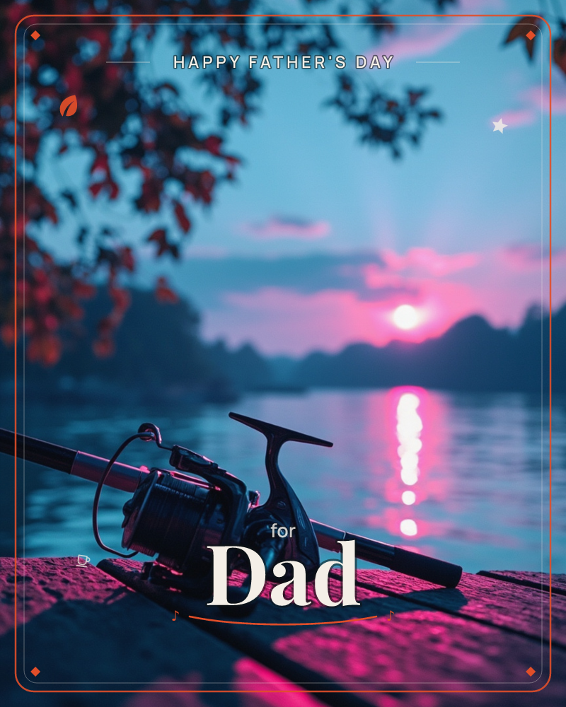 A fishing rod and reel rest on a wooden dock as the sun sinks low over a still lake, its pink glow rippling across the water, a fathersday e-card design