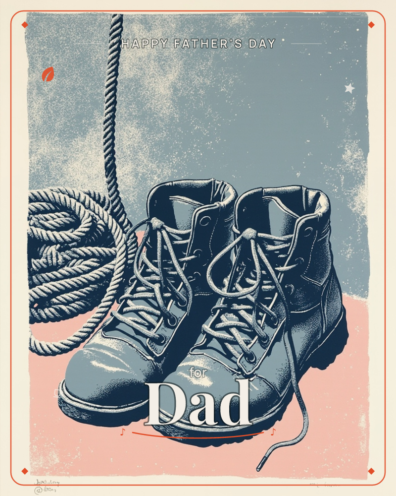 A pair of sturdy laced-up work boots sits beside a coiled length of rope, rendered in a bold woodcut-style illustration with heavy cross-hatching and a…, a fathersday e-card design