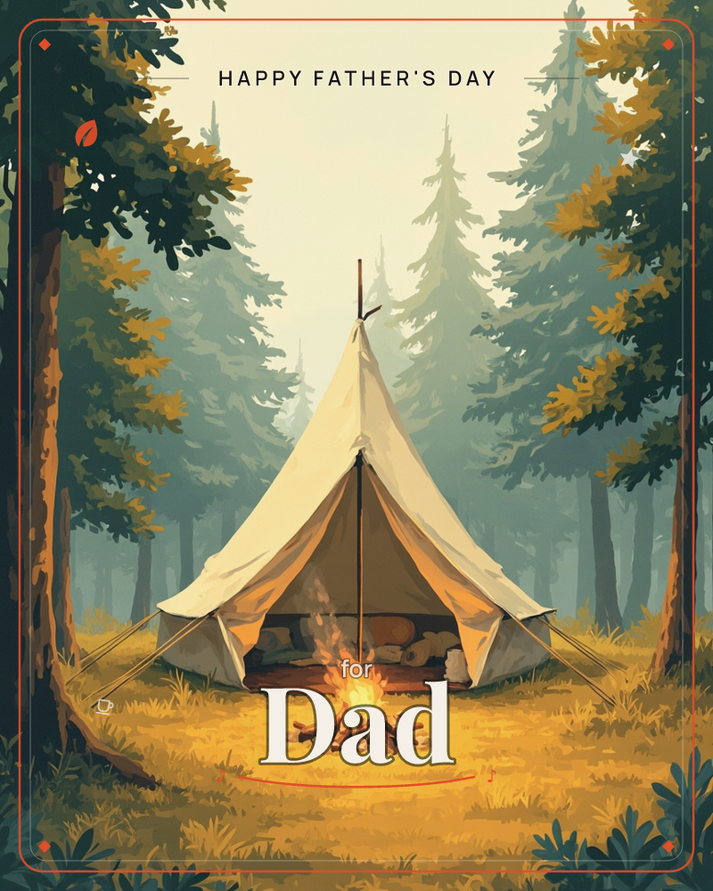 A canvas tent stands open in a misty forest clearing, its flaps tied back to reveal a small fire glowing just inside the entrance, a fathersday e-card design