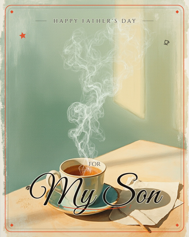 A cup of coffee sits on a saucer at the corner of a table, steam curling upward in loose ribbons against a muted sage-green wall, a fathersday e-card design