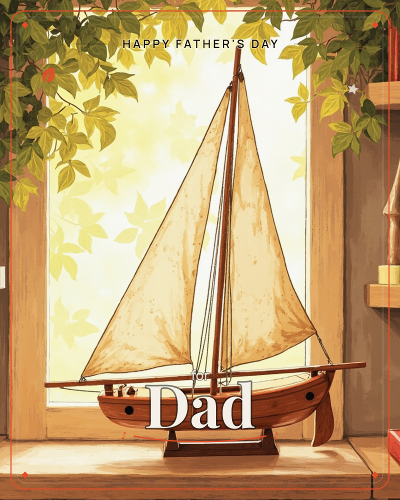 A polished wooden model sailboat sits on a mantel or windowsill, its canvas-coloured sails full and taut as if caught mid-breeze indoors, a fathersday e-card design