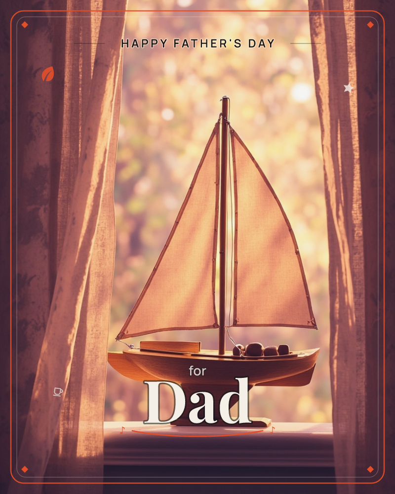 A small wooden model sailboat sits on a windowsill, framed by sheer curtains that glow amber in the afternoon sun, a fathersday e-card design