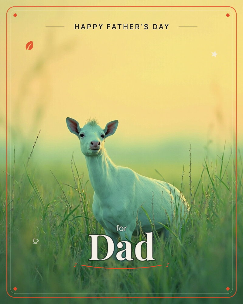 A pale young deer stands alone in tall grass, gazing straight out at the viewer as soft golden light washes the horizon behind it, a fathersday e-card design