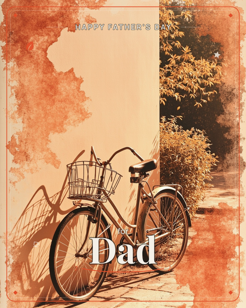 An old bicycle with a wire front basket leans against a sunlit wall, its long shadow stretching across the stone paving, a fathersday e-card design