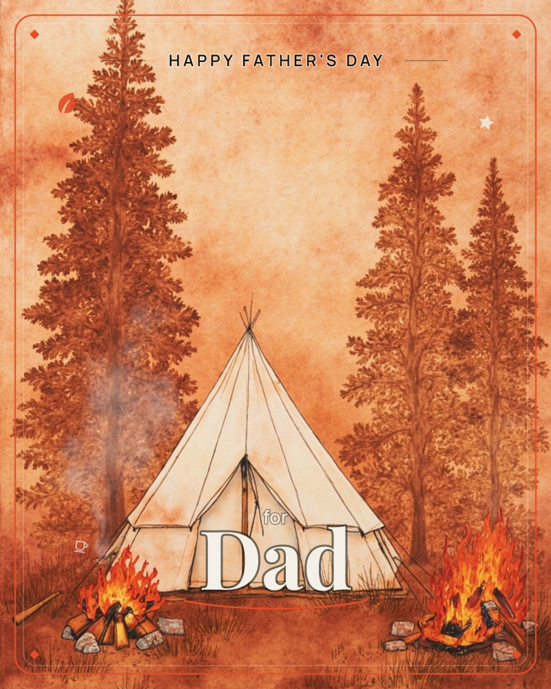 A canvas teepee tent stands nestled among tall pine trees, flanked by two small campfires burning in stone rings, a fathersday e-card design