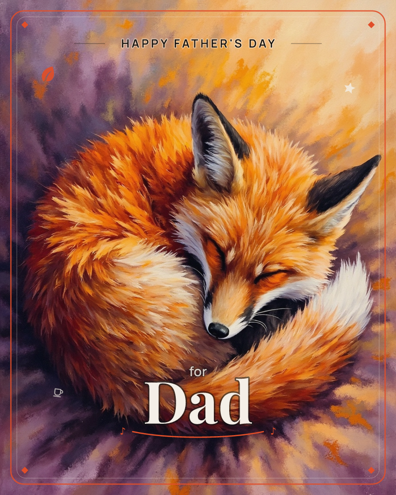 A red fox is curled into a tight, sleeping circle, nose tucked beneath its bushy tail, painted in glowing shades of amber and rust against a smoky…, a fathersday e-card design