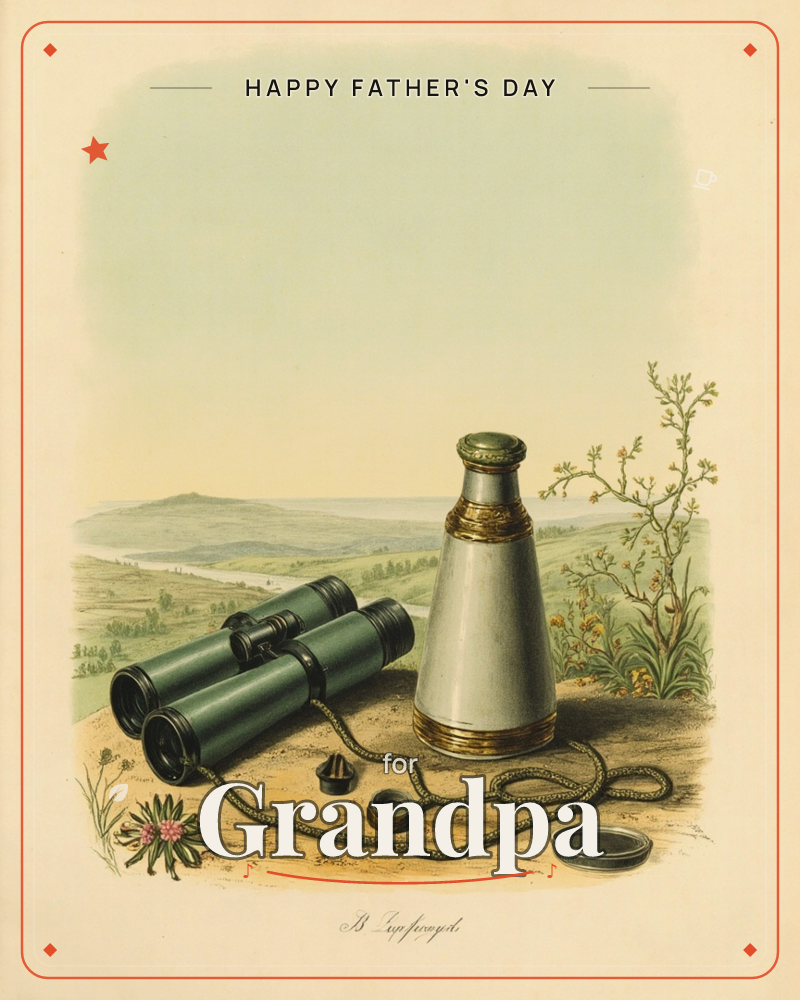 A pair of green field binoculars and a white and gold spyglass rest on open ground with a coiled leather strap and lens caps scattered nearby, set…, a fathersday e-card design