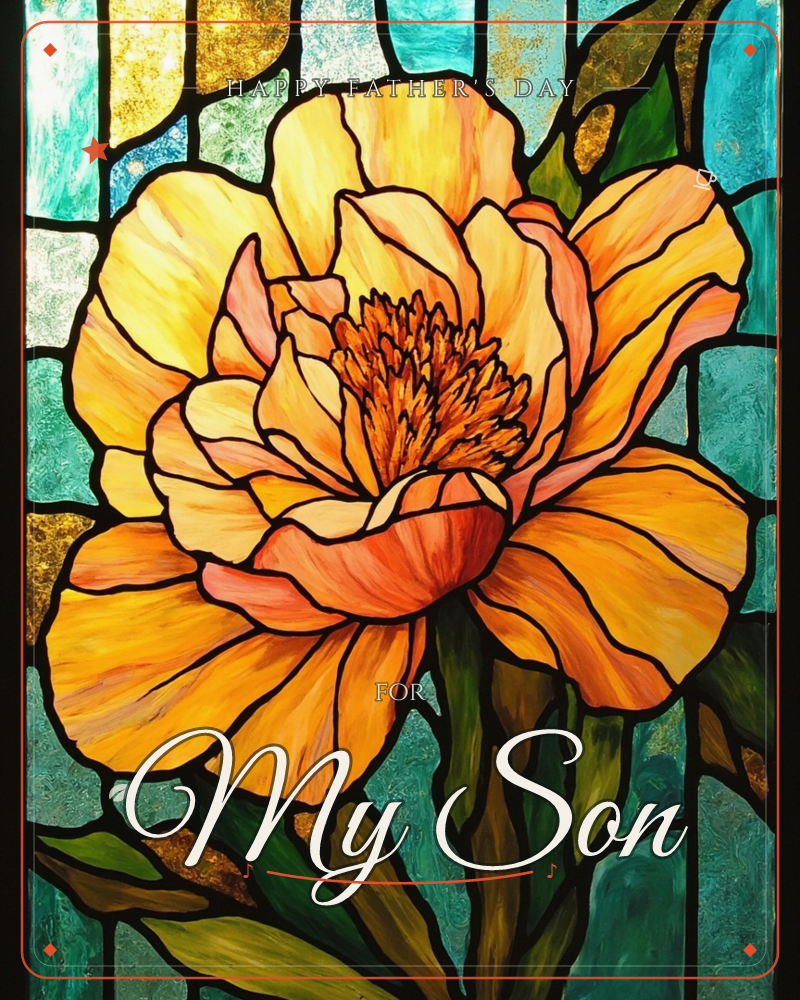 A stained-glass style peony blooms in golden yellow and coral, its dark lead lines catching light against a mosaic of teal, turquoise and amber glass…, a fathersday e-card design