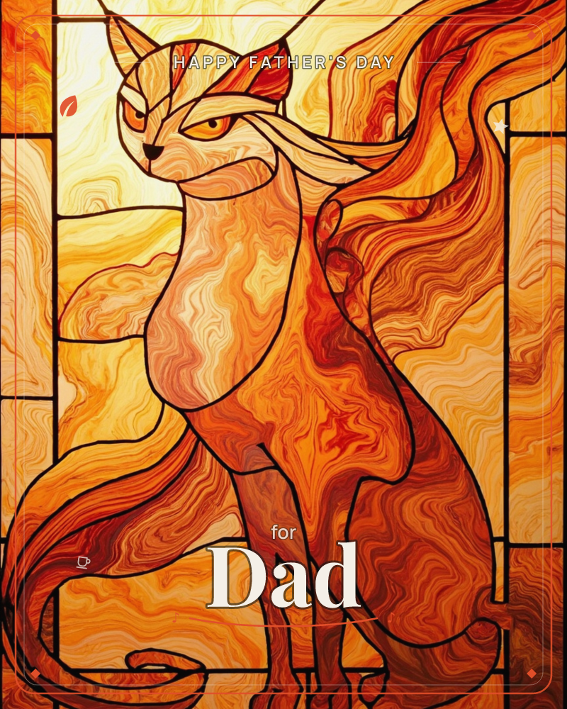 A stained-glass style fox-cat creature sits upright in glowing amber and copper tones, its long swept-back ears and flowing tail rendered in swirling…, a fathersday e-card design