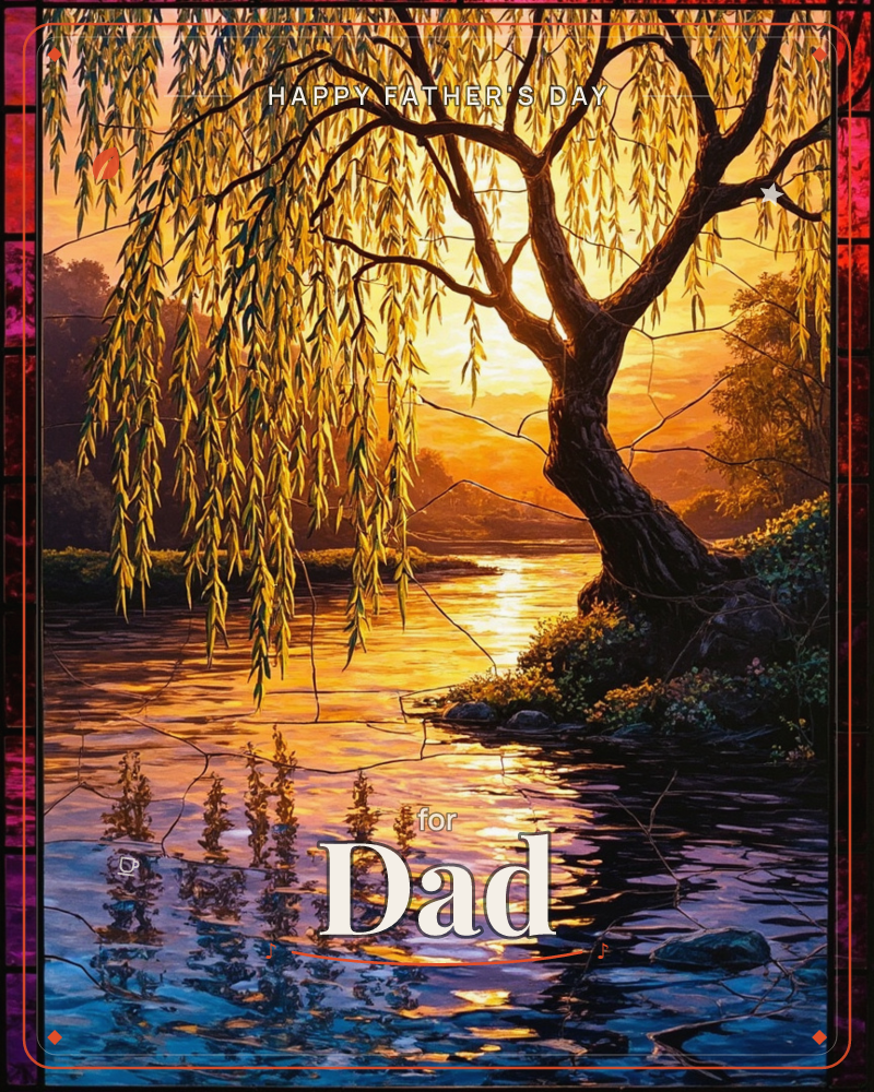 A weeping willow leans over a still riverbank at sunset, its trailing gold-green leaves silhouetted against a glowing amber sky, a fathersday e-card design