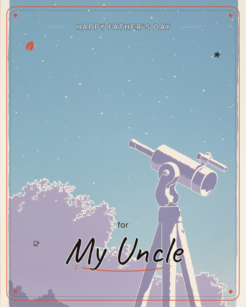 A telescope stands on its tripod against a twilight sky scattered with stars, the silhouette of a bushy tree leaning in from the left, a fathersday e-card design