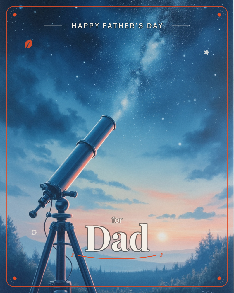 A telescope on a tripod stands at the edge of a forested ridge, angled up toward a starry sky where the Milky Way spills across deep blue clouds, a fathersday e-card design