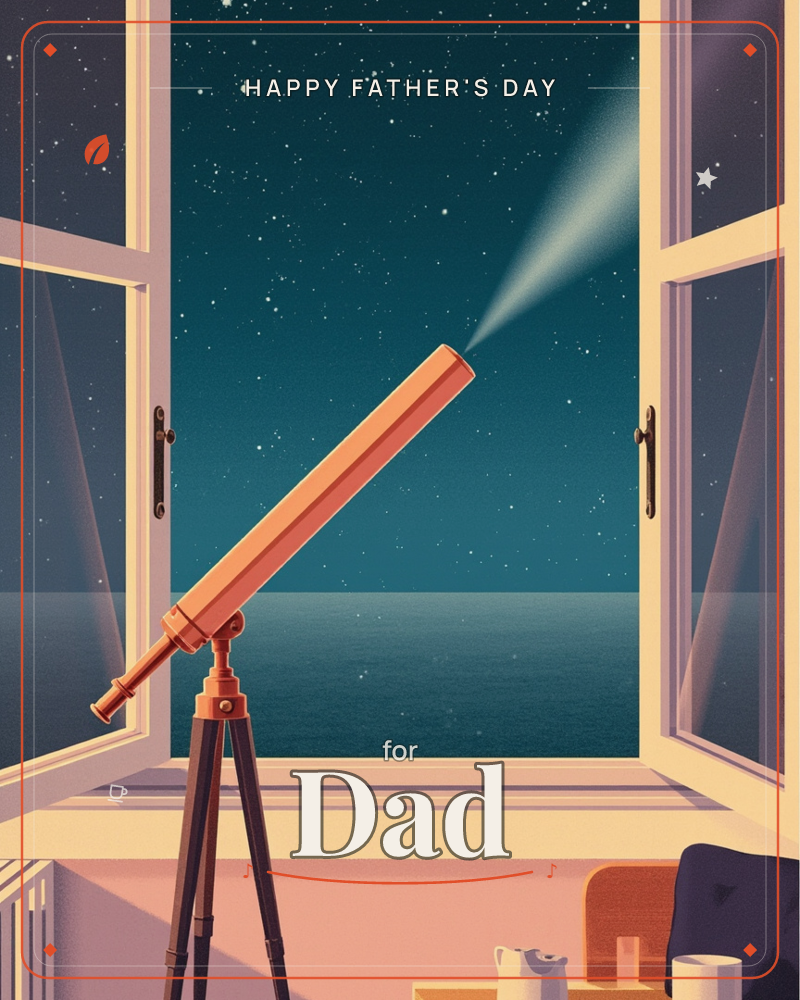 A brass telescope on a tripod stands before an open window, aimed out at a starlit sky where a comet trail streaks above a dark, glassy sea, a fathersday e-card design