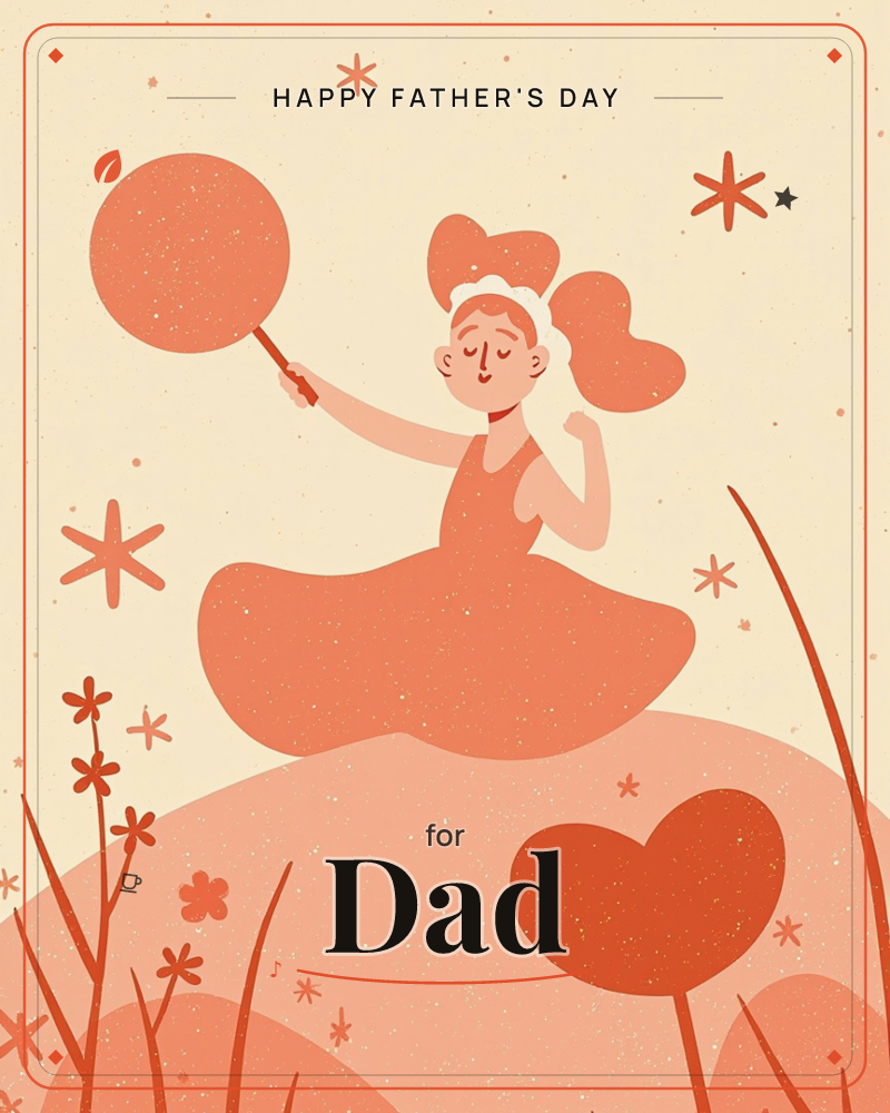 A woman in a flowing coral dress stands atop a rounded hill, eyes closed and hair swept into a heart-shaped wave, holding up a round lollipop-like…, a fathersday e-card design