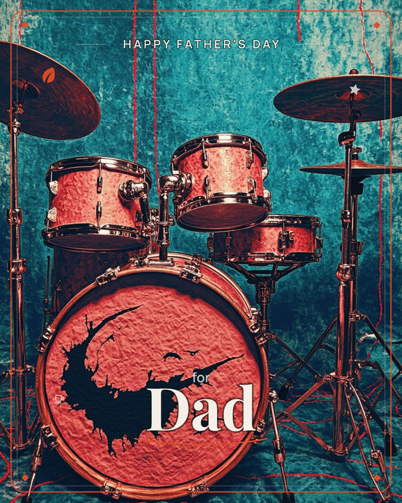 A coral-pink drum kit gleams against a mottled teal velvet backdrop, thin red strings hanging like loose threads from above, a fathersday e-card design