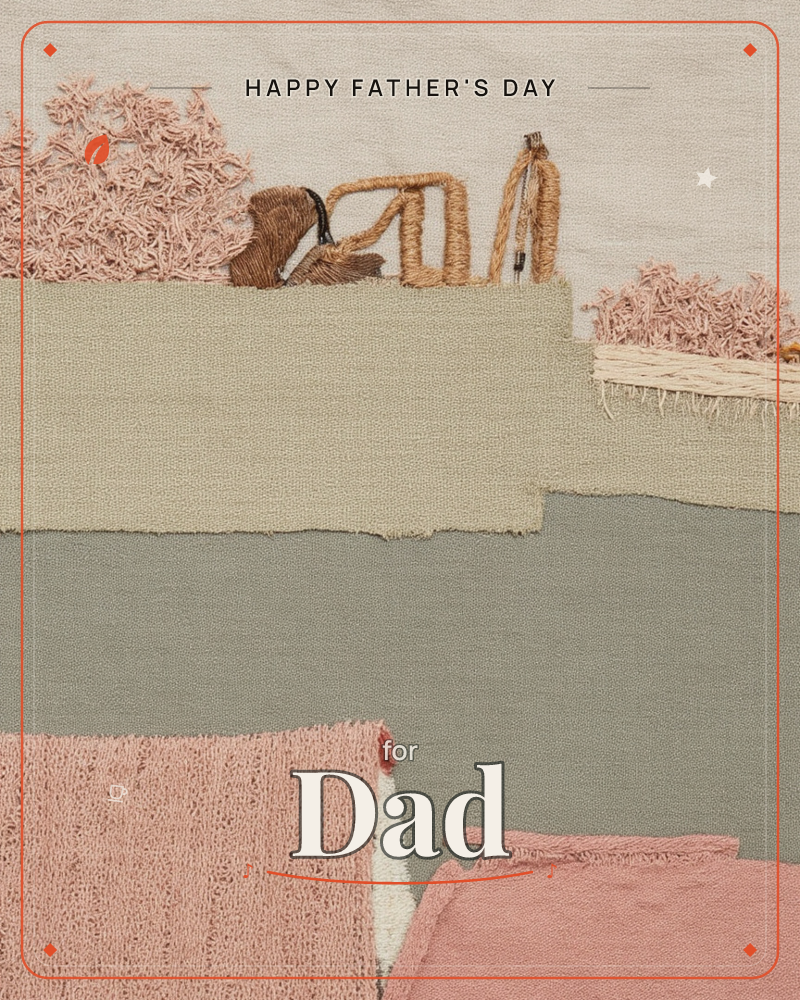 A textile-collage landscape built from layered fabric and thread, where sage-green cloth cliffs meet a pale sky and clusters of pink stitched blossoms…, a fathersday e-card design