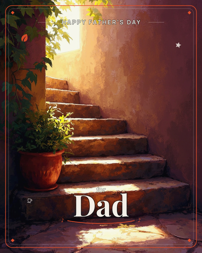 A worn stone stairway curves upward into bright sunlight, flanked by warm ochre walls and trailing ivy, a fathersday e-card design